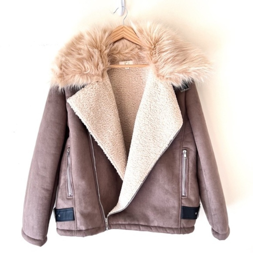 JCL moto faux suede bomber jacket tan light brown teddy sherpa size M - Picture 2 of 15